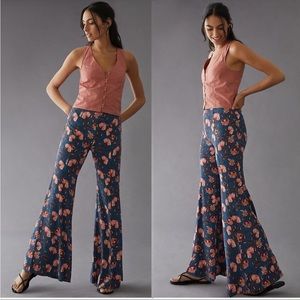 Anthropologie Drapey Flare Floral Pants sz 16 Blue Pink